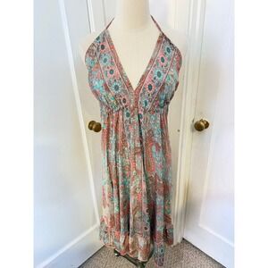 Paisley Floral Halter Dress Midi Smocked Waist Ruffle Hem Blue Pink Vintage Boho